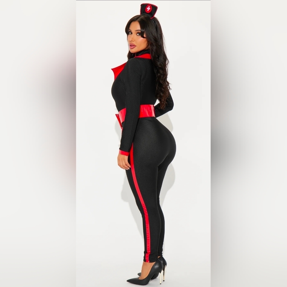 Sexy Nurse 3pcs Black and Red Jumpsuit Costume - Picture 2 of 4